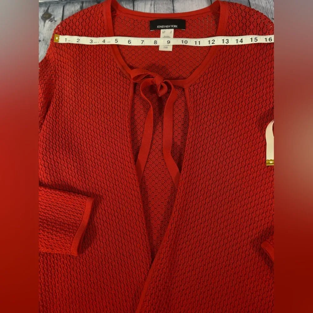 JONES NEW YORK Red Pointelle Textured Vest and Long Sleeve Tie Front Cardigan L